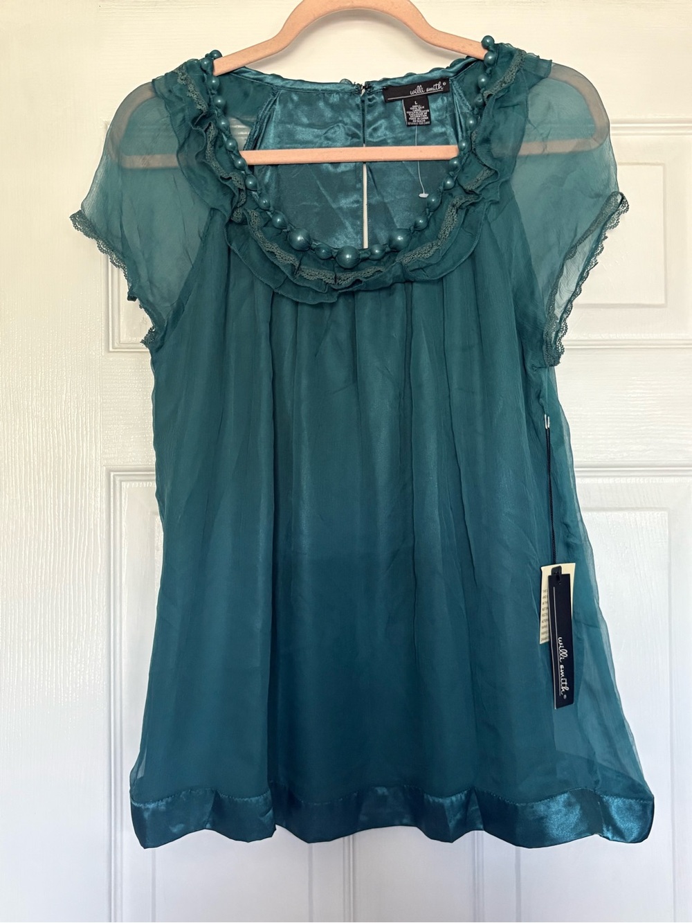 Willi Smith Teal Silk Ruffle Neck Cap-Sleeve Blouse